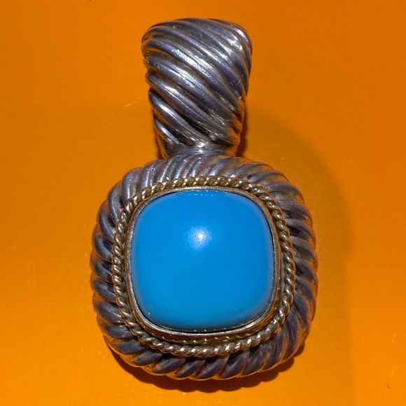 Large Vintage Sterling Silver 18k Gold Turquoise Enhancer Pendant Necklace - Picture 1 of 13